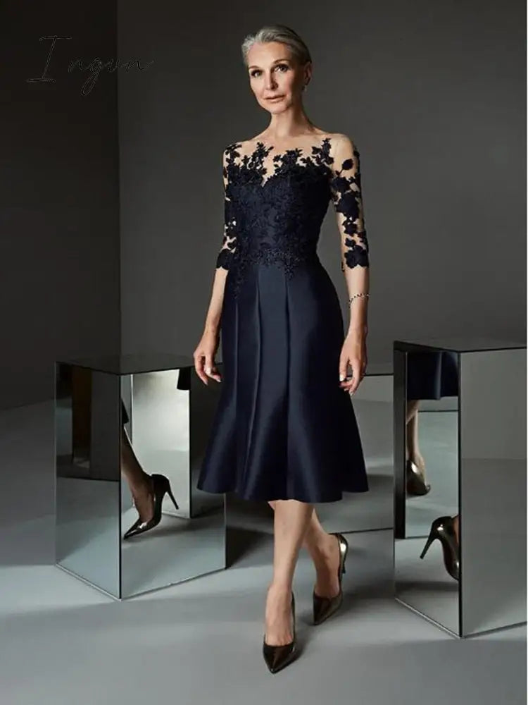 Ingvn - Gorgeous Prussian Blue Knee Length Mother Of The Bride Dresses Lace Applique With Three