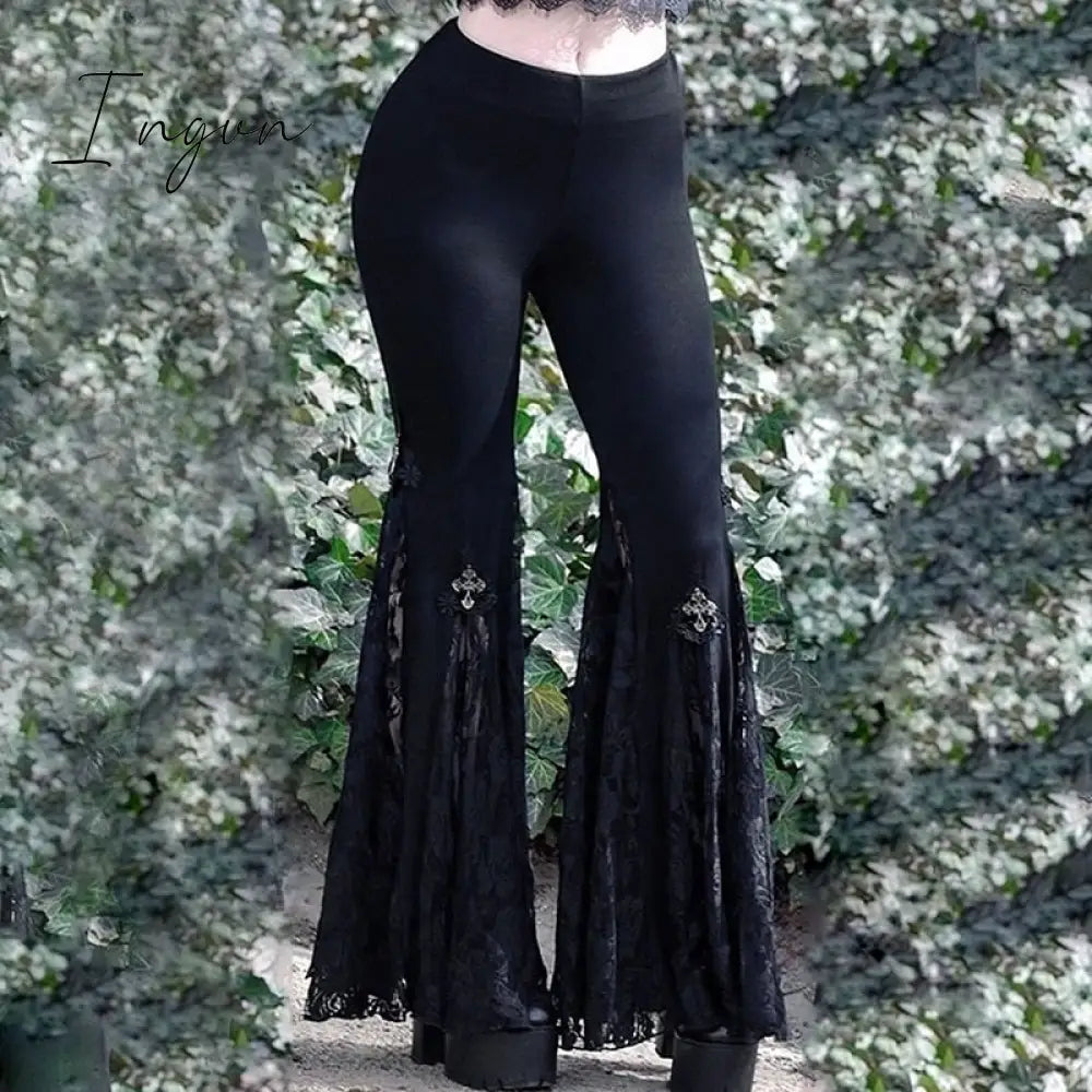 Ingvn - Goth Mall Flare Pants Sexy Black Lace Patchwork High Waist Vintage Harajuku Hippie Punk