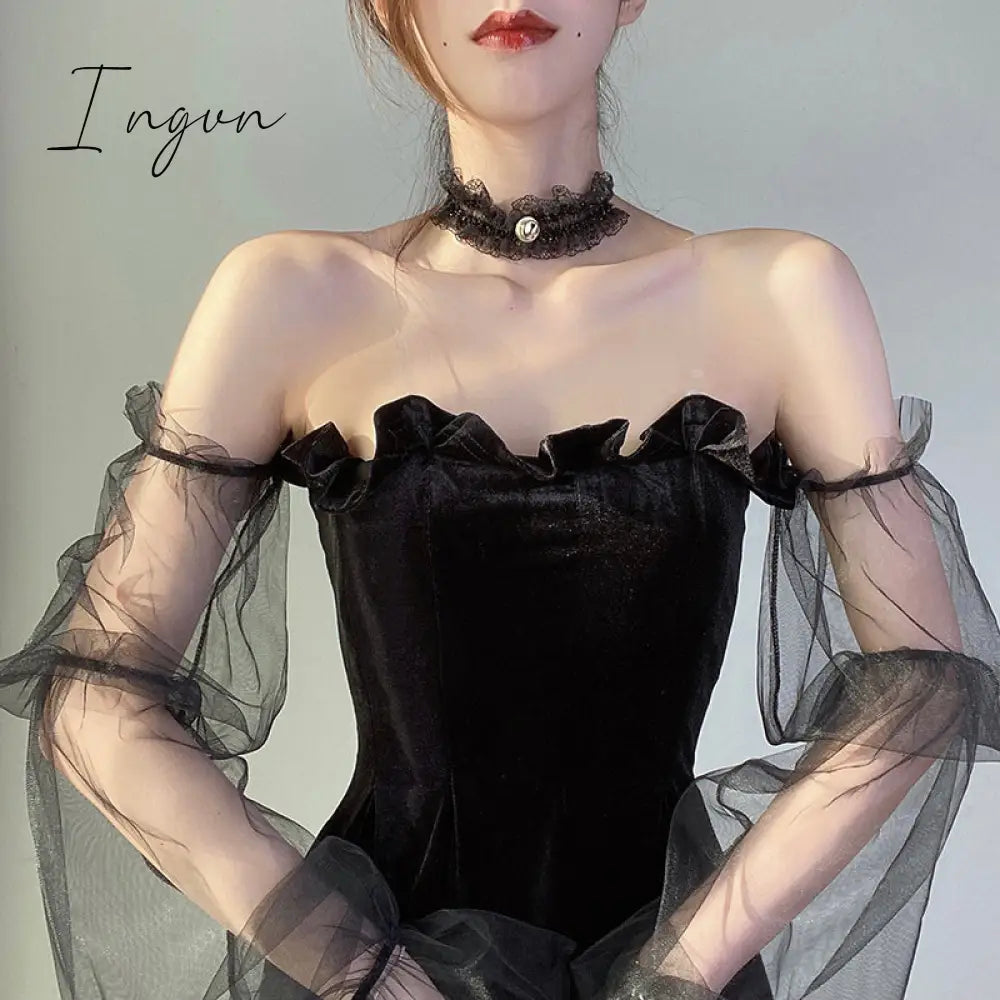 Ingvn - Gothic Sexy Dress Vintage Off Shoulder Lantern Sleeve Mesh Patchwork Velvet Mini Dark