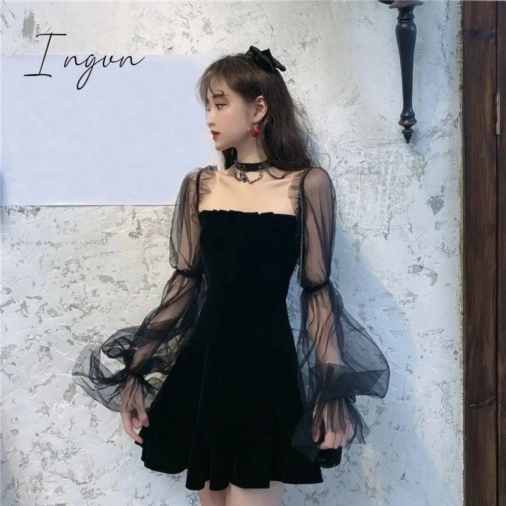 Ingvn - Gothic Sexy Dress Vintage Off Shoulder Lantern Sleeve Mesh Patchwork Velvet Mini Dark