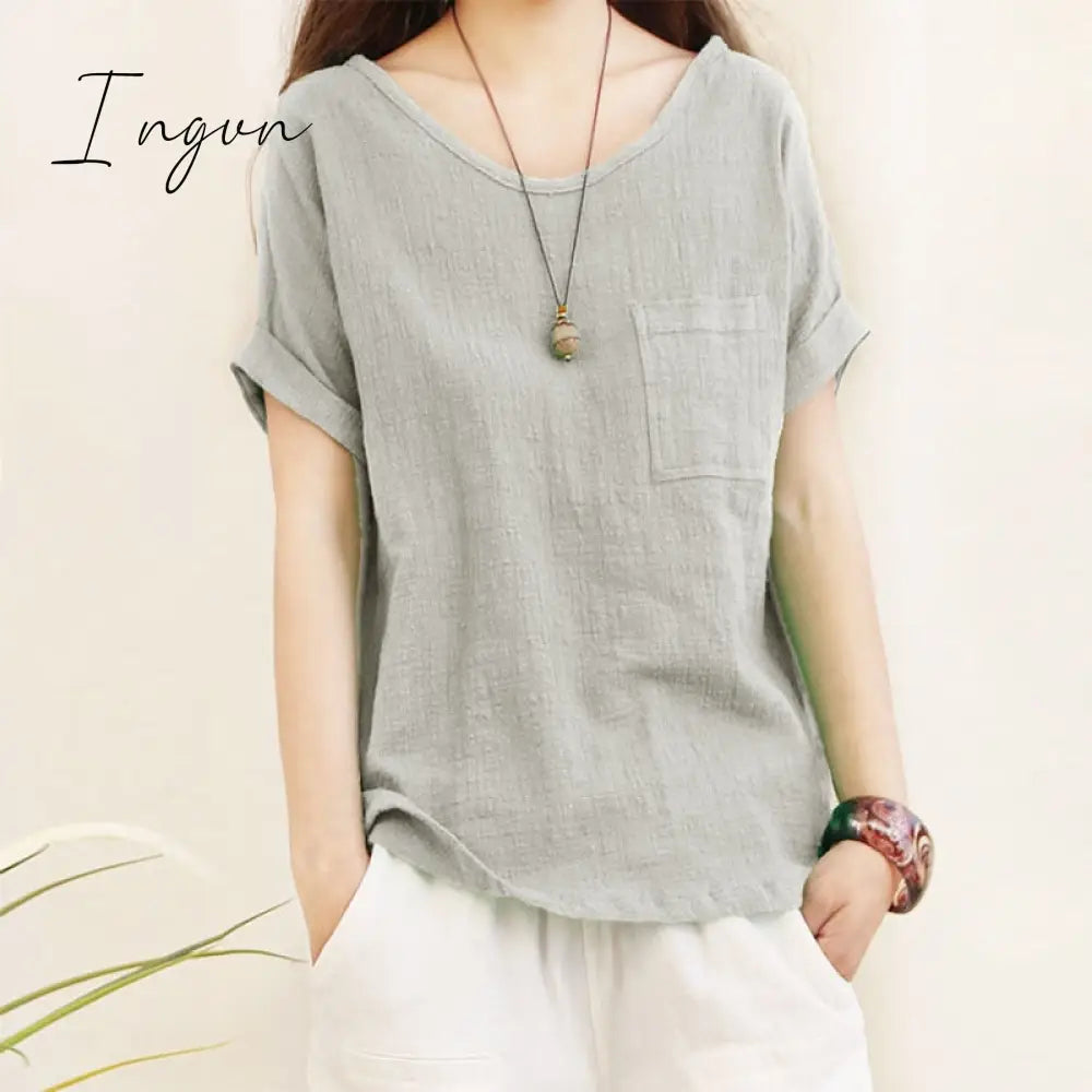 Ingvn - Green Loose Cotton Linen Blouse Oversize 5Xl Blouses Women 2023 Summer Shirts Casual Short
