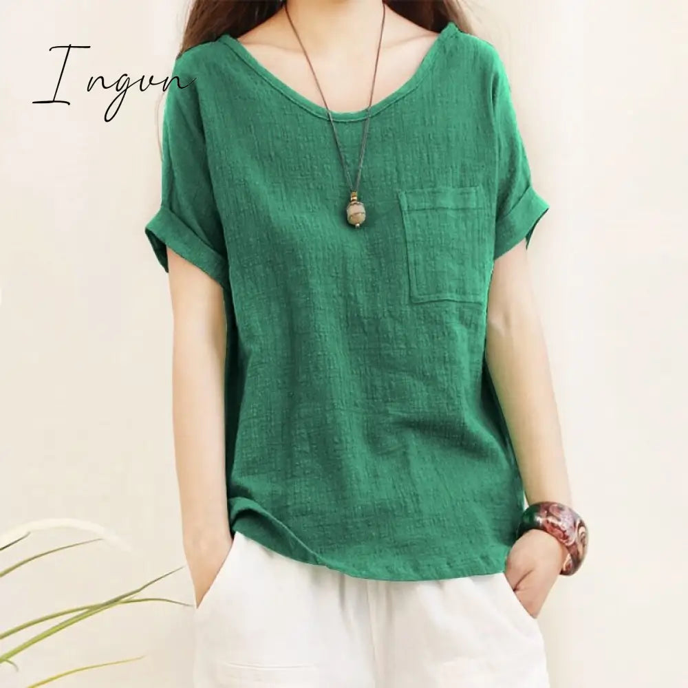 Ingvn - Green Loose Cotton Linen Blouse Oversize 5Xl Blouses Women 2023 Summer Shirts Casual Short