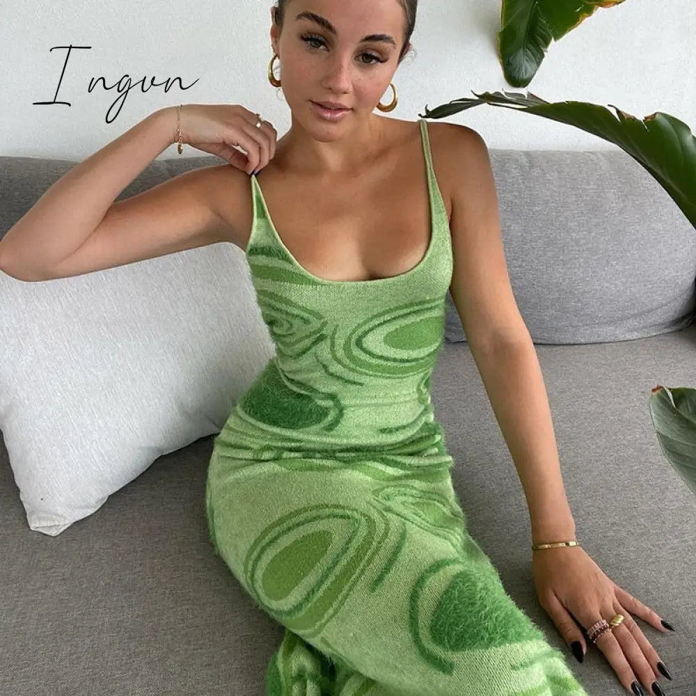 Ingvn - Green Vintage Dress Women Spaghetti Strap Sexy Bodycon Casual Y2K Paisley Fashion Party