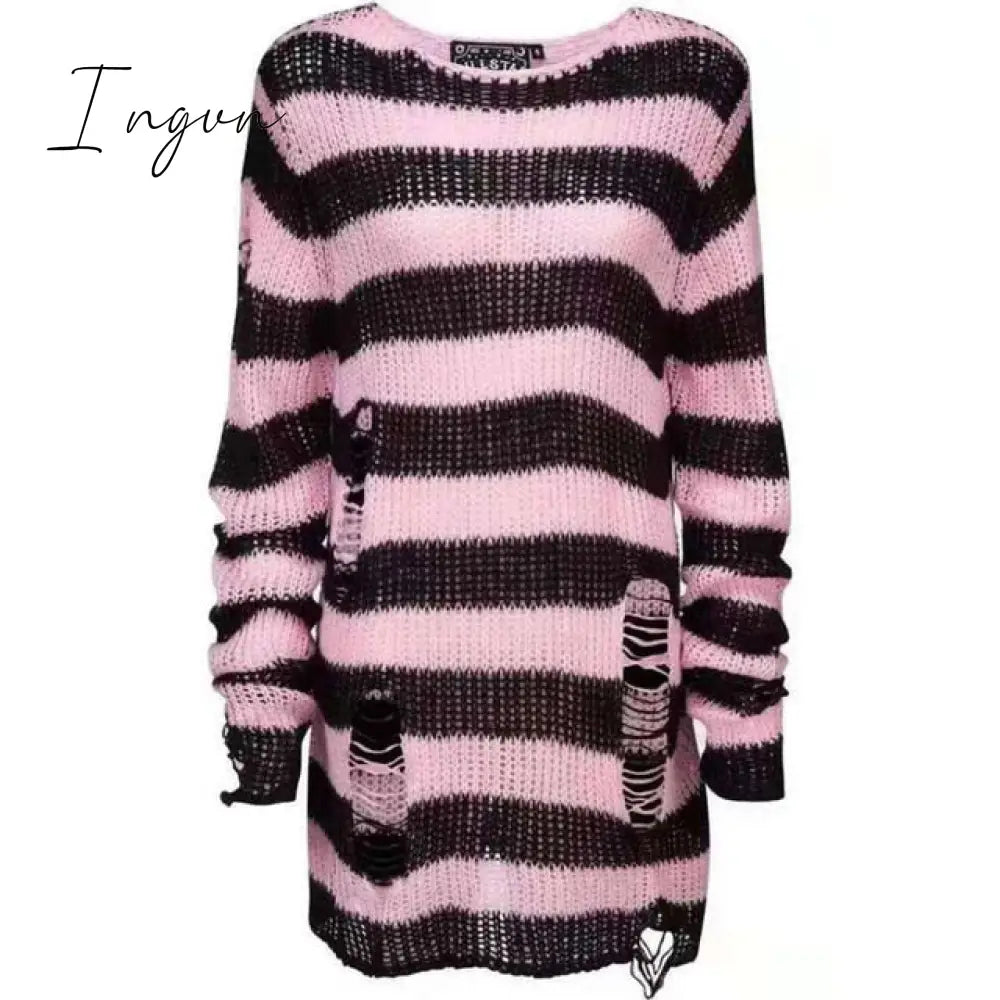 Ingvn - Halloween 200 Gothic Knitted Sweater Women Long Pullovers Striped Loose Winter Ripped Plus