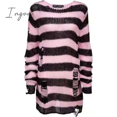 Ingvn - Halloween 200 Gothic Knitted Sweater Women Long Pullovers Striped Loose Winter Ripped Plus