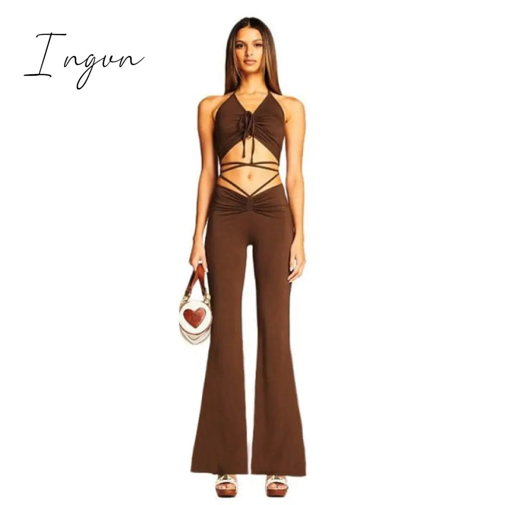 Ingvn - Halter Criss - Cross Crop Top And Women’s Drawstring Pants Matching Sets Skinny Hollow