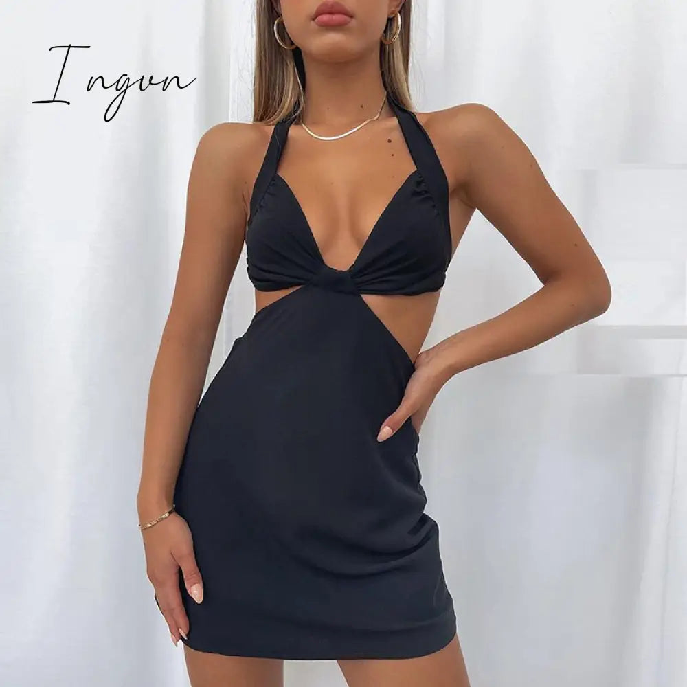 Ingvn - Halter Hollow Out Dress Women Bandage Slim Strapless Bodycon Sexy Mini Backless Summer