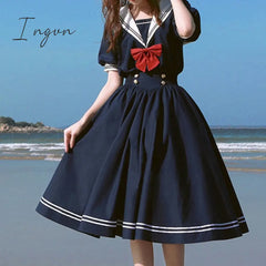 Ingvn - Harajuku Sailor Collar Navy Dress Japanese Lolita Sweet Bow - Knot Girl Retro Cotton Kawaii