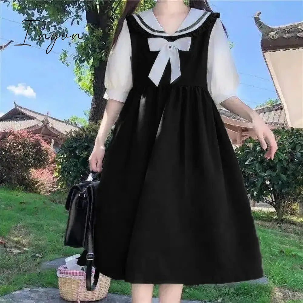 Ingvn - Harajuku Sailor Collar Navy Dress Japanese Lolita Sweet Bow - Knot Girl Retro Cotton Kawaii