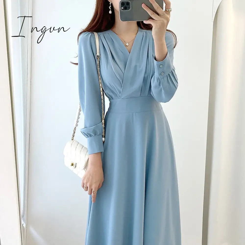 Ingvn - Harajuku V-Neck Puff Sleeve A-Line Maxi Dresses For Woman Women Solid Color Midi Robe