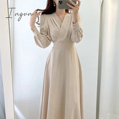 Ingvn - Harajuku V-Neck Puff Sleeve A-Line Maxi Dresses For Woman Women Solid Color Midi Robe