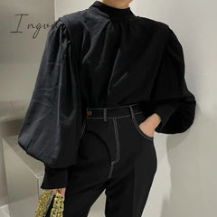 Ingvn - Harajuku Vintage Women’s Elegant Blouse Black Oversized Shirt Lantern Sleeve Button Up