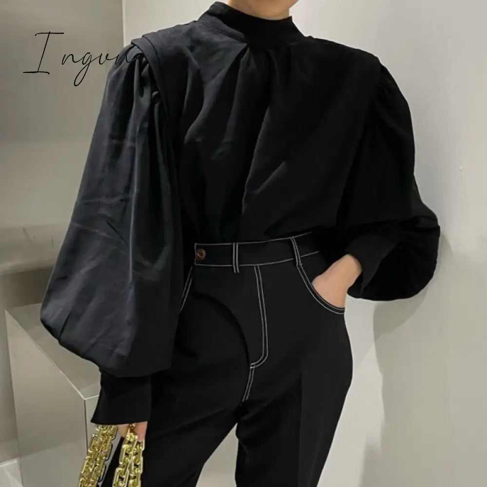 Ingvn - Harajuku Vintage Women’s Elegant Blouse Black Oversized Shirt Lantern Sleeve Button Up