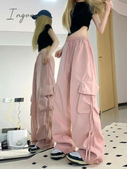 Ingvn - Harajuku Y2K Wide Cargo Pants Women Baggy Hip Hop Style Black Parachute Pink Oversized