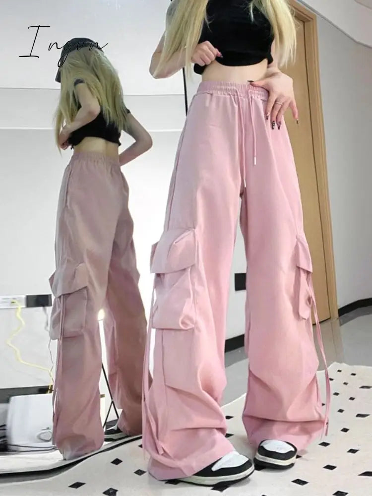 Ingvn - Harajuku Y2K Wide Cargo Pants Women Baggy Hip Hop Style Black Parachute Pink Oversized