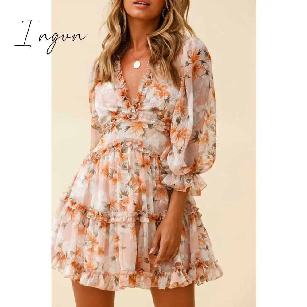 Ingvn - Harlow Floral Print Ruffle Dress Women Backless V - Neck Dress Mini Summer Ladies Party
