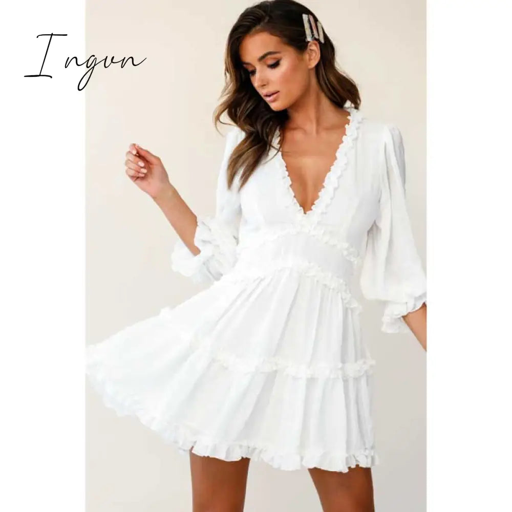 Ingvn - Harlow Floral Print Ruffle Dress Women Backless V - Neck Dress Mini Summer Ladies Party