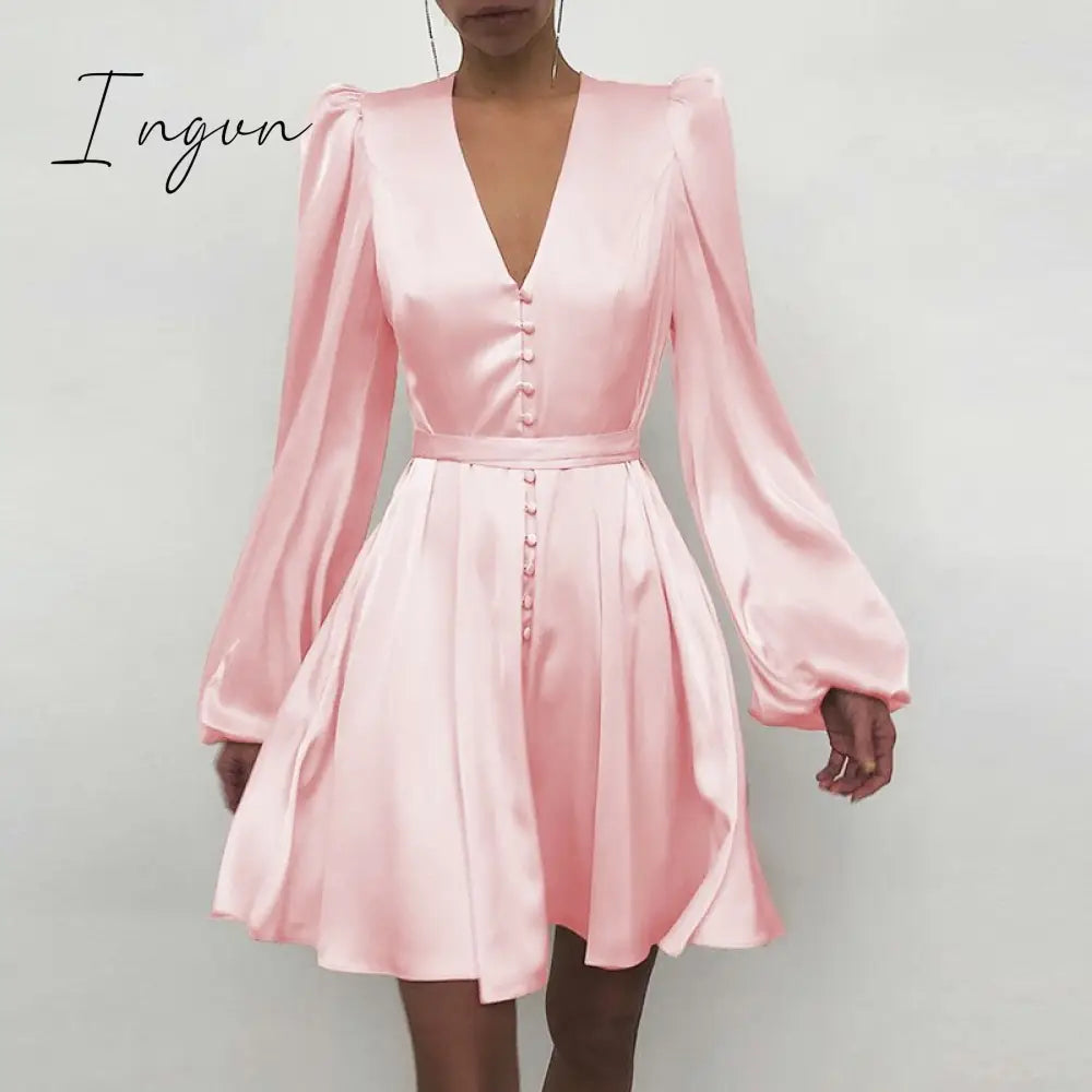 Ingvn - High Quality New Women Elegant Solid Ruffle Dress Sexy Lantern Sleeve Satin Slim A - Line