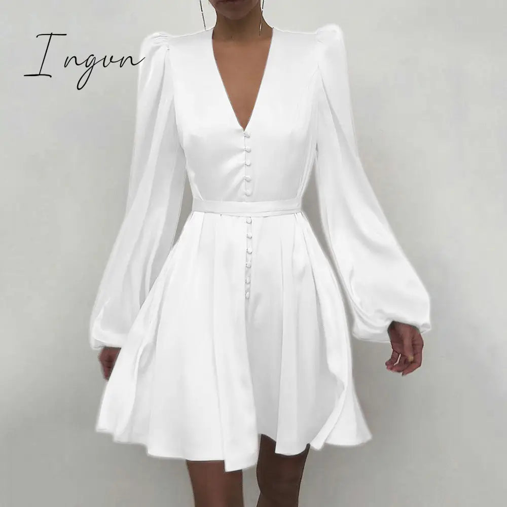 Ingvn - High Quality New Women Elegant Solid Ruffle Dress Sexy Lantern Sleeve Satin Slim A - Line