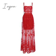 Ingvn - High Quality Red White Black Lace Sleeveless Hollow Out Long Rayon Bandage Dress Evening