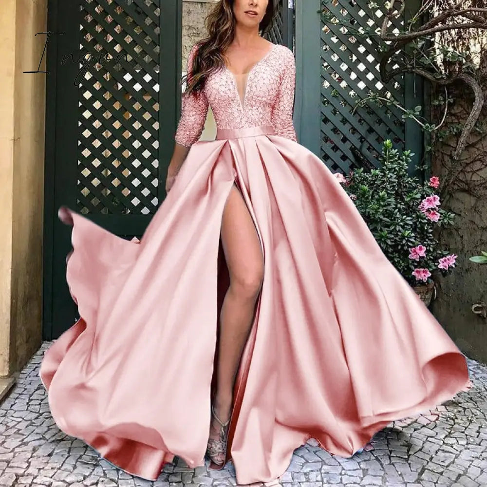 Ingvn - High Quality Woman Evening Dress For Wedding Sexy V - Neck Long Lace Dresses Trailing Party