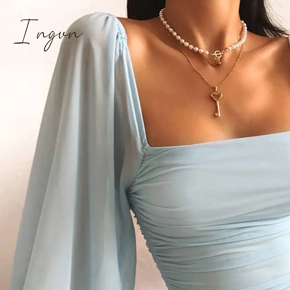 Ingvn - High Waist Long - Sleeve Sheath Mini Dress Blue Flat - Fitting Collar Sexy Solid Color
