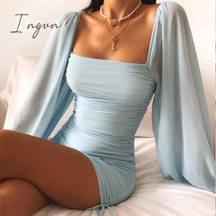 Ingvn - High Waist Long - Sleeve Sheath Mini Dress Blue Flat - Fitting Collar Sexy Solid Color