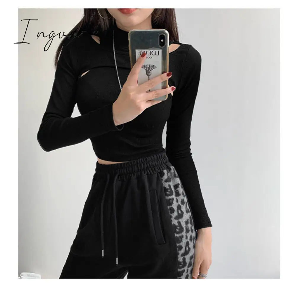 Ingvn - Hollow Knitted Crop Tops Women New Fitness Fake Two - Piece T - Shirt Female Black White