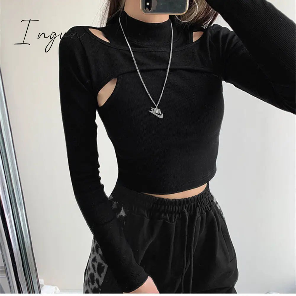 Ingvn - Hollow Knitted Crop Tops Women New Fitness Fake Two - Piece T - Shirt Female Black White