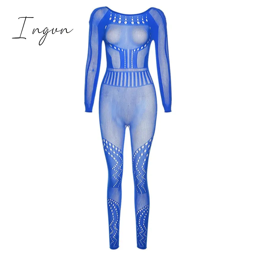 Ingvn - Hollow Out Knitted Mesh Jumpsuits Women Sexy See Through Long Sleeve Hipster Stretchy