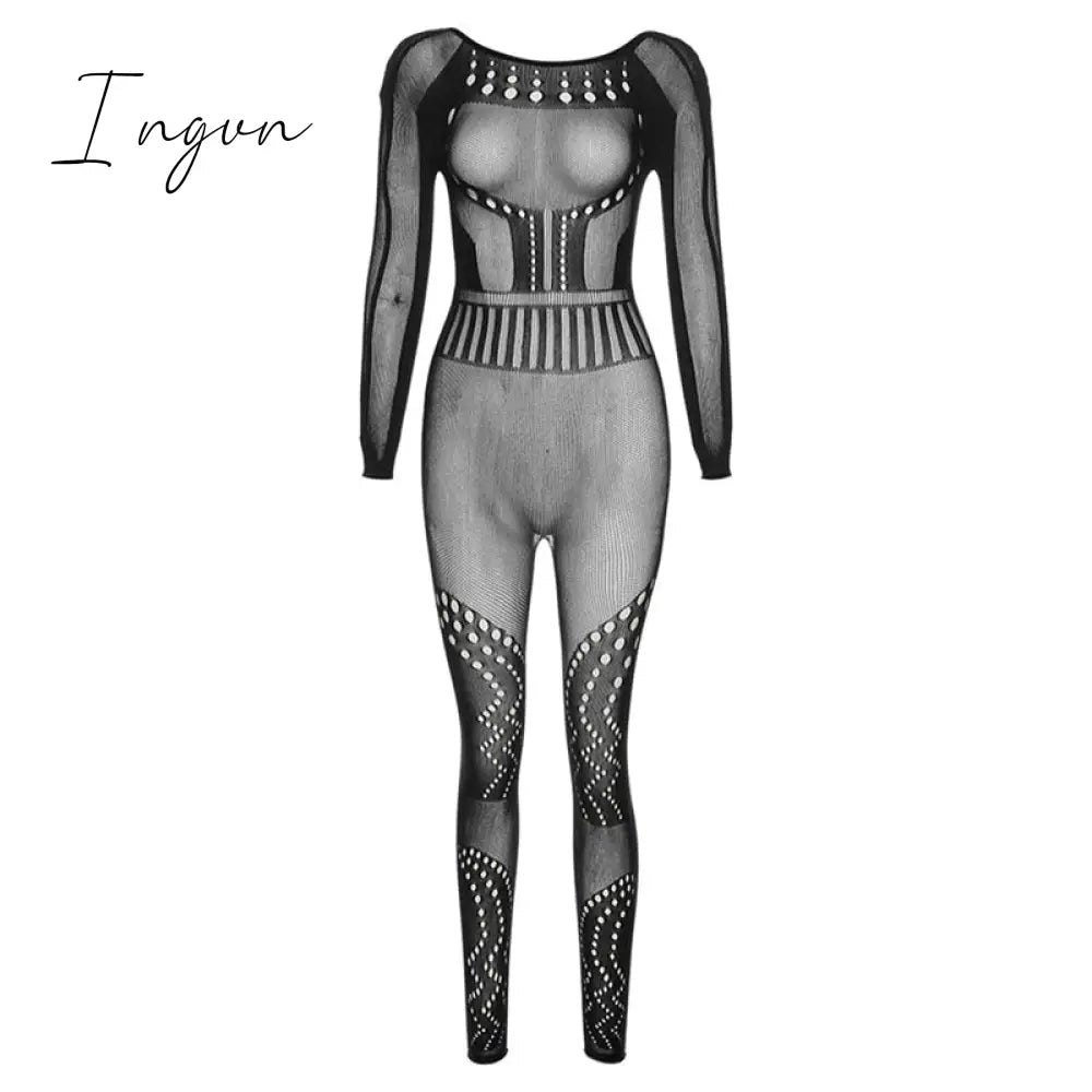 Ingvn - Hollow Out Knitted Mesh Jumpsuits Women Sexy See Through Long Sleeve Hipster Stretchy