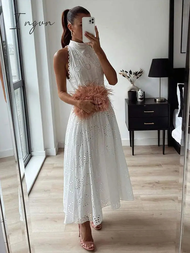 Ingvn - Hollow Out White Belt Sleeveless Long Dress X-Shaped High Waist Half Collar Elegant Fashion