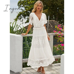Ingvn - Hollow Out White Dress Sexy Women Long Lace Cross Semi - Sheer Plunge V - Neck Short Sleeve