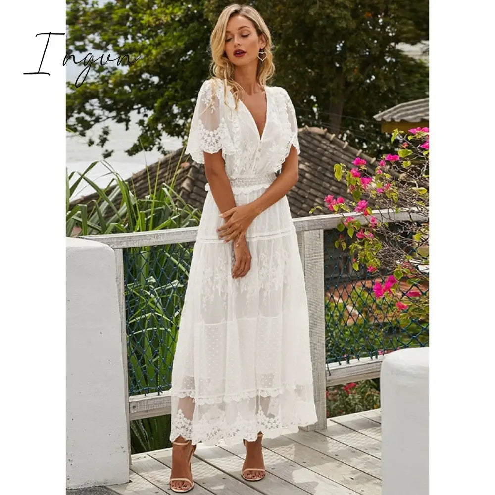 Ingvn - Hollow Out White Dress Sexy Women Long Lace Cross Semi - Sheer Plunge V - Neck Short Sleeve