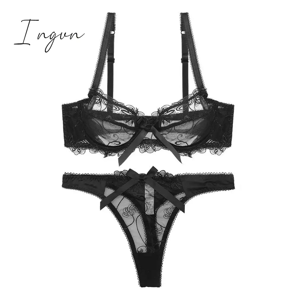 Ingvn - Hot 2Pcs Women Sexy Ultra - Thin Breathable Floral Lingerie Sets Bras + Thongs Black / 70D