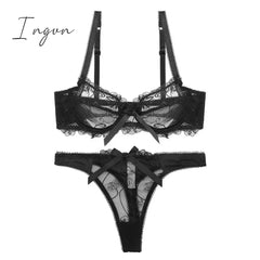 Ingvn - Hot 2Pcs Women Sexy Ultra - Thin Breathable Floral Lingerie Sets Bras + Thongs Black / 70D