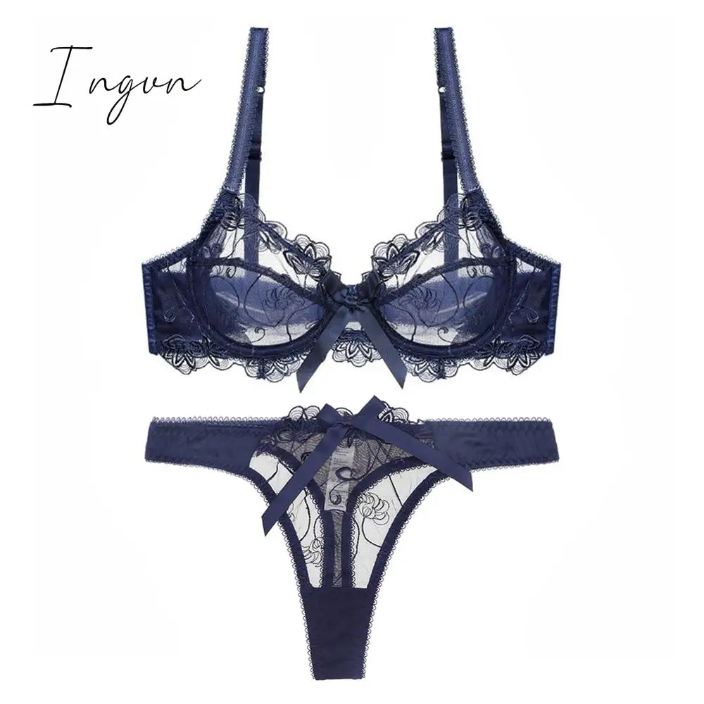 Ingvn - Hot 2Pcs Women Sexy Ultra - Thin Breathable Floral Lingerie Sets Bras + Thongs Blue / 70B