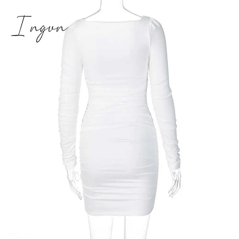 Ingvn - Hot Sale White Long Sleeve Dress For Women Black Vestido De Mujer Robe Femme Autumn Spring