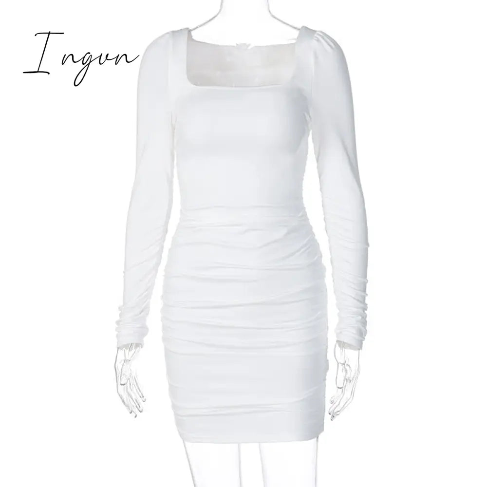 Ingvn - Hot Sale White Long Sleeve Dress For Women Black Vestido De Mujer Robe Femme Autumn Spring