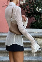 Ingvn - Hot Sell Vintage White Folds Cute Y2K Shirts Women Elegant Fashion Flared Sleeve Button