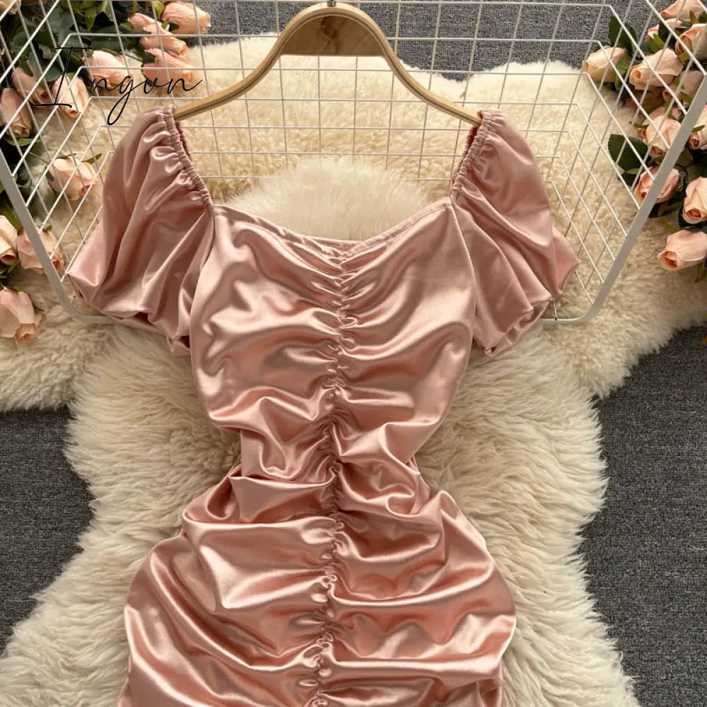 Ingvn - Ins Fashion Sexy Mini Bandage Dress Women Summer Slim Ruched Club Sheath Off Shoulder Pink