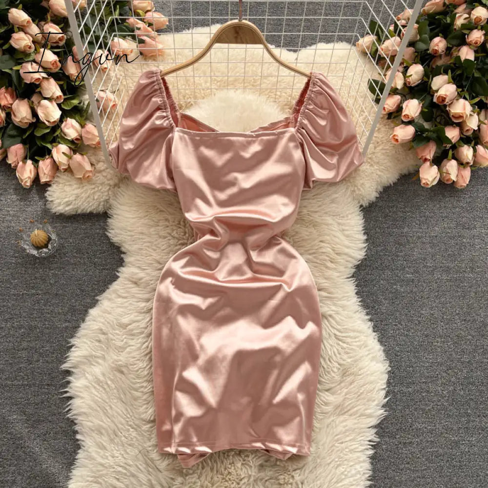 Ingvn - Ins Fashion Sexy Mini Bandage Dress Women Summer Slim Ruched Club Sheath Off Shoulder Pink