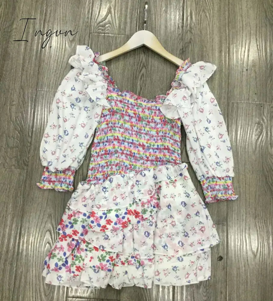 Ingvn - Inspired Mixed Floral Prints Ruffled Party Dress Puff Sleeve Square Neck Smocked Sexy