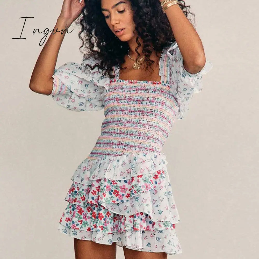 Ingvn - Inspired Mixed Floral Prints Ruffled Party Dress Puff Sleeve Square Neck Smocked Sexy