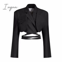 Ingvn - Irregular Elegant Blazer For Women Notched Long Sleeves Lace Up Bowknot Blazers Female