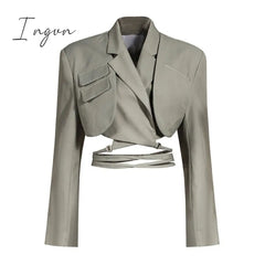 Ingvn - Irregular Elegant Blazer For Women Notched Long Sleeves Lace Up Bowknot Blazers Female