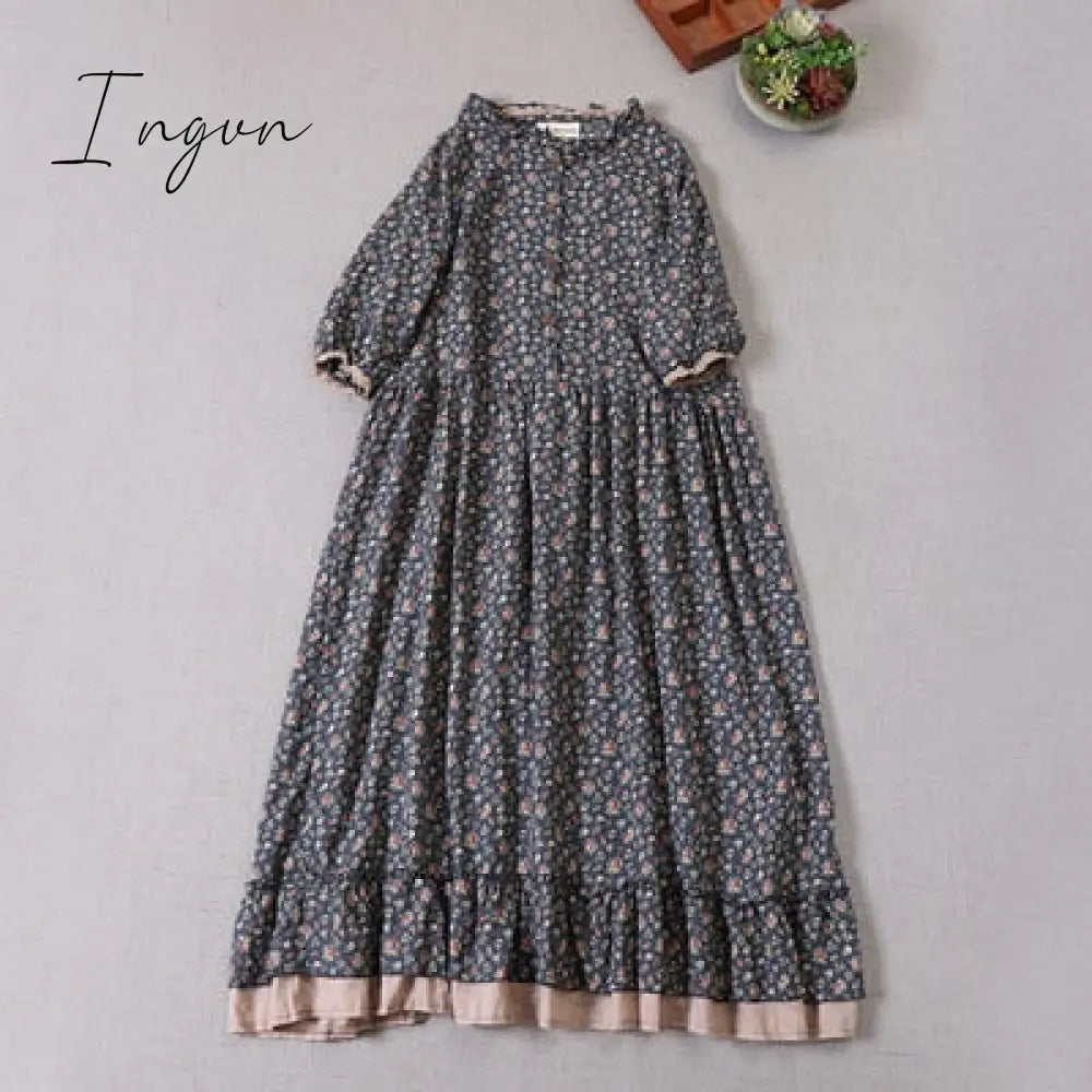 Ingvn - Japanese Mori Girl Art Print Dress Autumn New Floral Loose Long - Sleeved Short Sleeve Blue