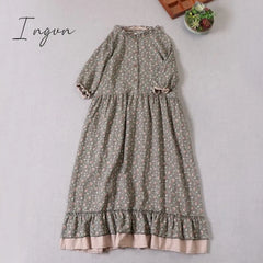 Ingvn - Japanese Mori Girl Art Print Dress Autumn New Floral Loose Long - Sleeved Short Sleeve Gray