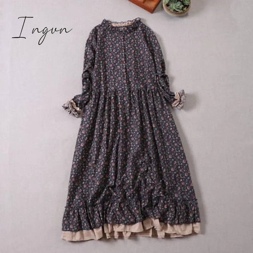 Ingvn - Japanese Mori Girl Art Print Dress Autumn New Floral Loose Long - Sleeved Long Sleeve Blue