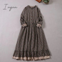 Ingvn - Japanese Mori Girl Art Print Dress Autumn New Floral Loose Long - Sleeved Long Sleeve Gray